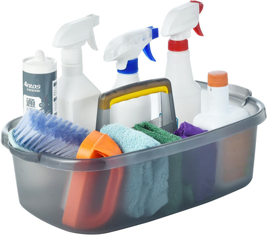 Large Cleaning Caddy with Handle, Cleaning Tool Storage Basket Organizer, Sturdy Pail Bucket Organizer, Household Bucket for Cleaning Supplies - Clear Grey