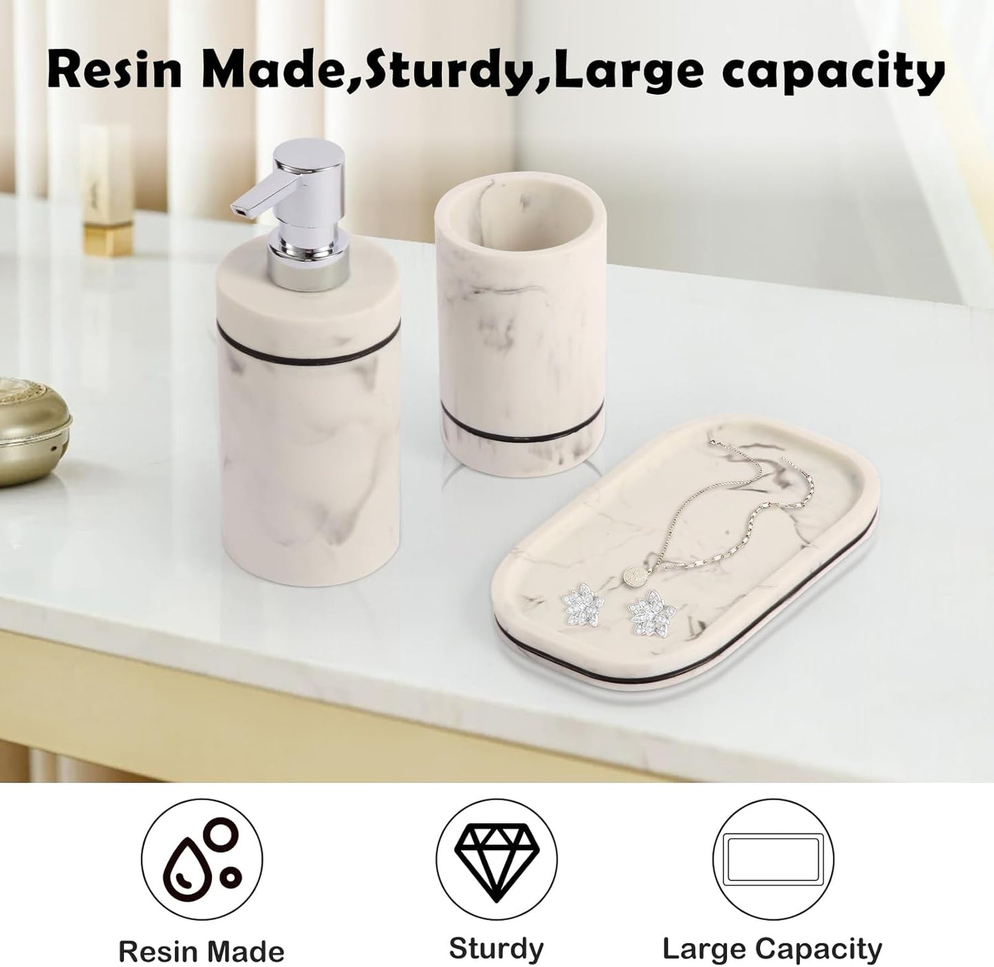 Marble Pattern Bathroom Accessory Set,3 Pieces Resin Bathroom Accessories Set - Lotion Dispenser,Toothbrush Cup,Vanity Tray(Marble White)