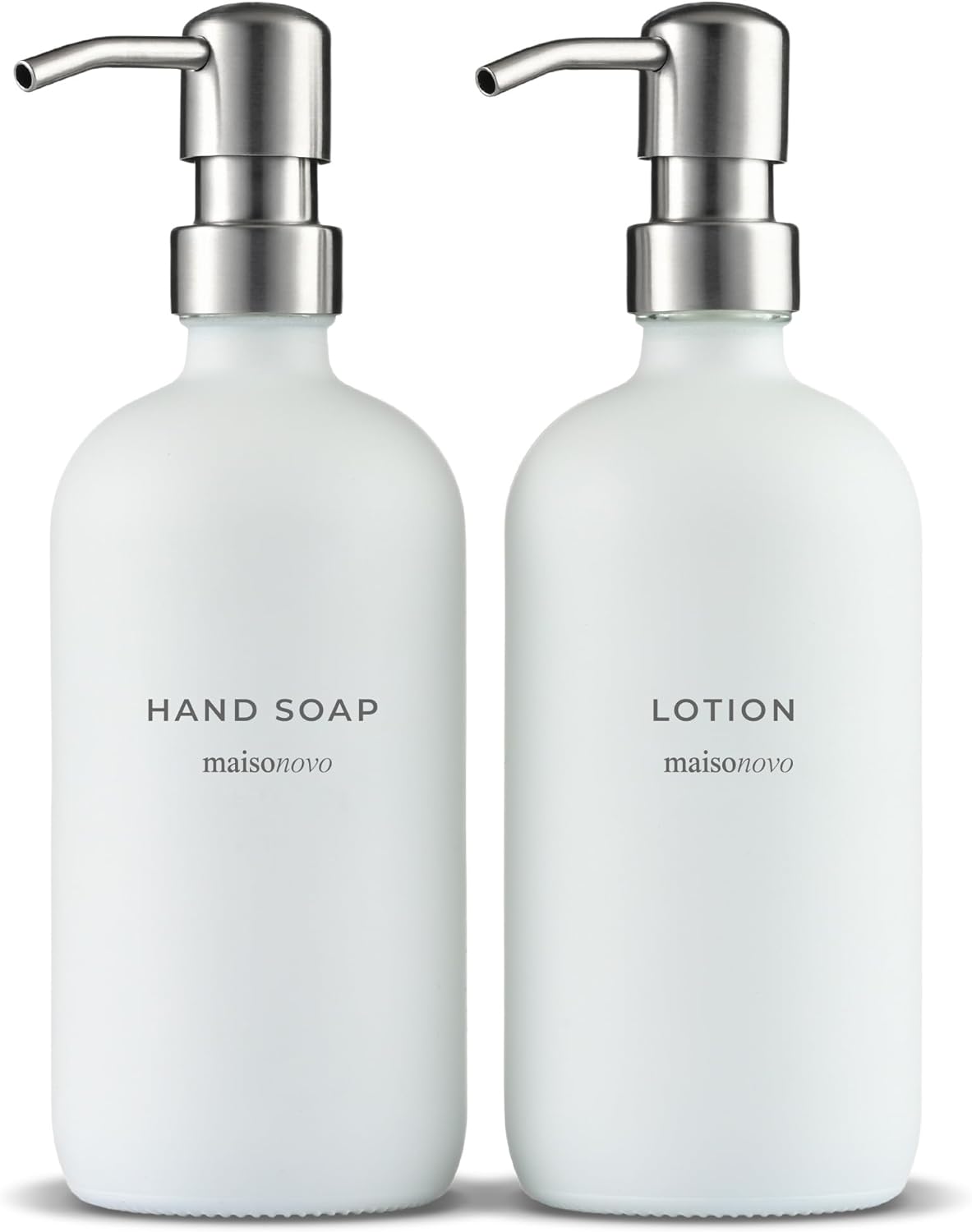 MaisoNovo Soap Dispenser 2-Piece Set | 16.9oz White Bottles with Silver Stainless Steel Pumps