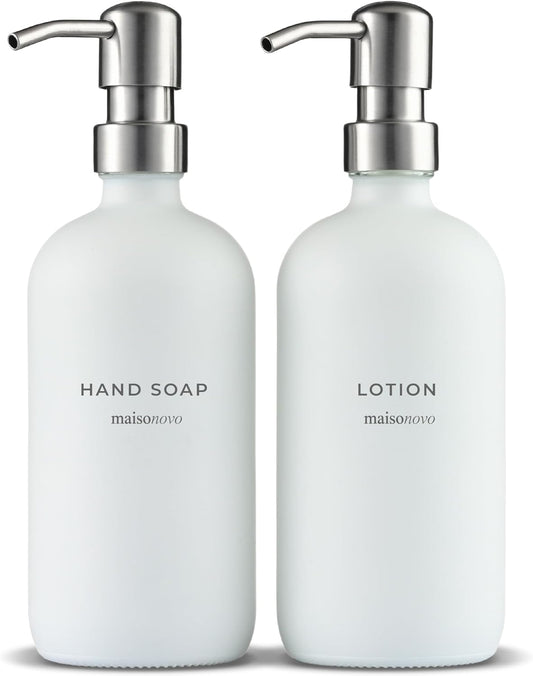 MaisoNovo Soap Dispenser 2-Piece Set | 16.9oz White Bottles with Silver Stainless Steel Pumps