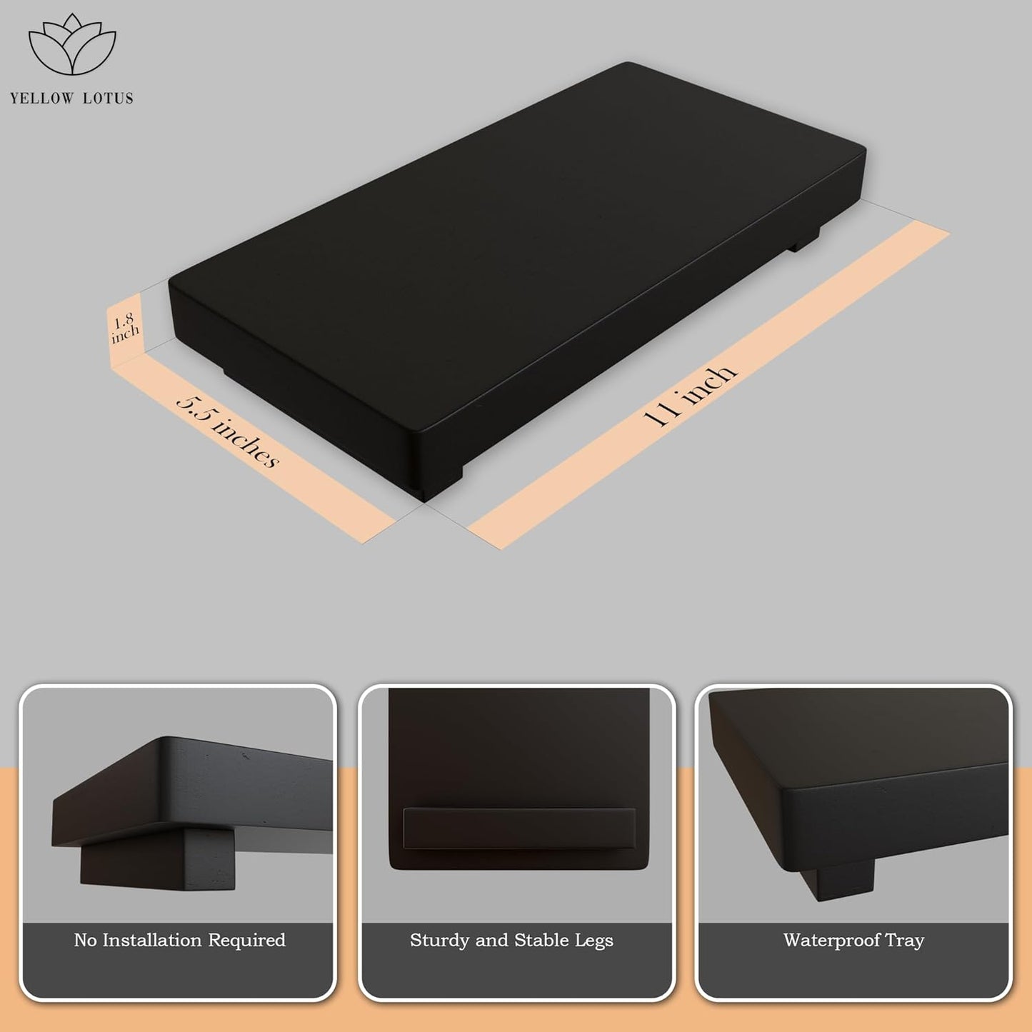 Black Bathroom Tray for Counter - 2 Pcs Matte Black Bathroom Accessories Set, 11” Wooden Riser for Decor, Bamboo Dish Soap Holder, Kitchen Sink Soap Tray, Small Wood Pedestal Stand