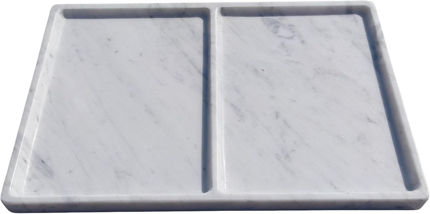 11.81"x7.87" Marble Decorative Tray with Dual Compartments – Catchall Organizer for Jewelry, Cosmetics, Soap – Polished Stone Dresser Vanity Tray for Bathroom, Entryway, Office – Calacatta White