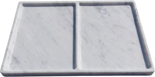 11.81"x7.87" Marble Decorative Tray with Dual Compartments – Catchall Organizer for Jewelry, Cosmetics, Soap – Polished Stone Dresser Vanity Tray for Bathroom, Entryway, Office – Calacatta White