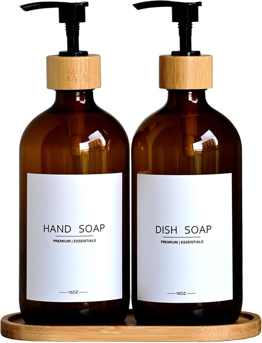 Luxury Glass Soap Dispenser Set - 2 Refillable 16.9oz Bottles, Bamboo Pump & Tray for Farmhouse & Modern Decor, 9 Waterproof Labels for Kitchen/Bathroom (Amber Bottle+Black Bamboo Pumps+Tray)