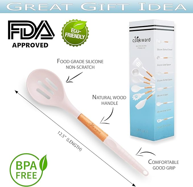 6 Pcs Cookward Silicone Cooking Utensils Set - Natural Wood Kitchen Utensils – Eco Friendly & BPA Free, Non-Scratch & Non-Stick Easy Grip -White