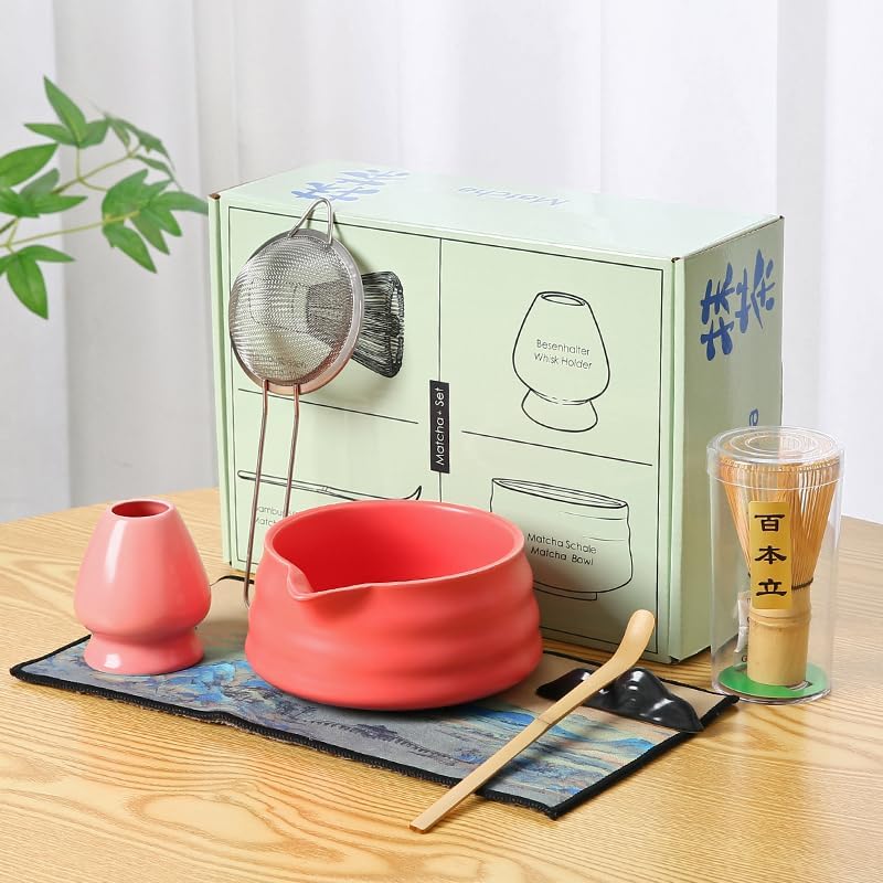 7pcs Complete Matcha Tea Set, Japanese Ceremonial Matcha with Whisk, Holder, Ceramic Bowl, Sifter, Scoop,red