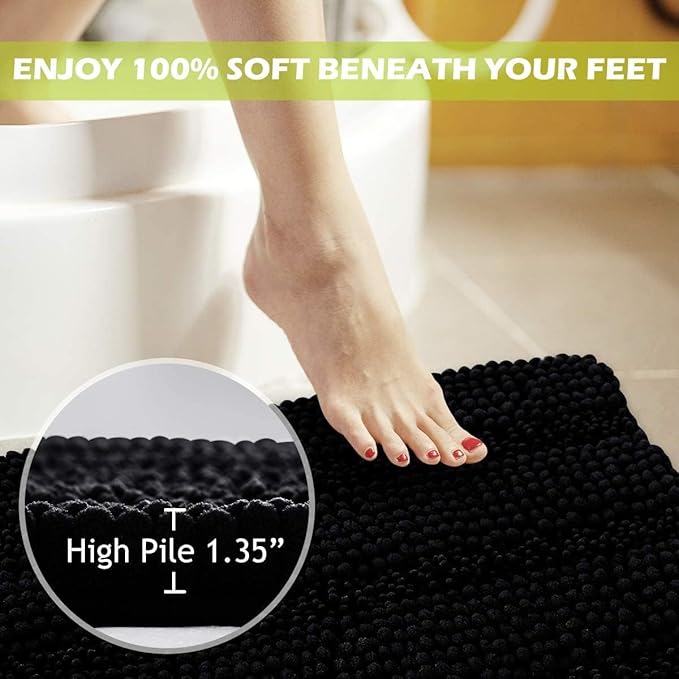 Black Bath Mat - Large Soft Bathroom Rugs Non-Slip Thick Shaggy Floor Cover Water Absorbent Quick Drying Shower Carpet for Toilet Kitchen Door Way, 70" x 24", 1 Pc