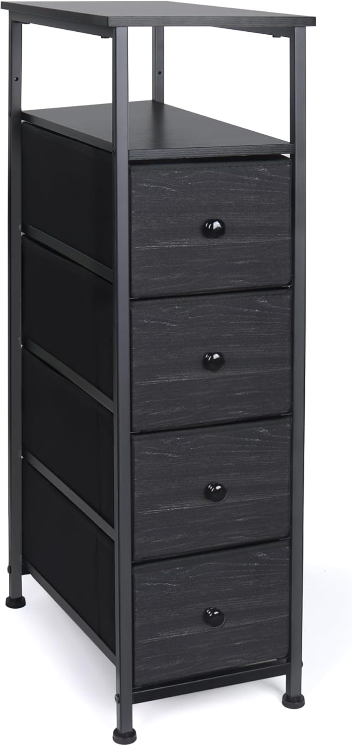 Narrow Dresser for Bedroom, Fabric Tall Dresser & Chests of Drawers with 4 Drawers, Vertical Organizer Storage Tower Unit for Bedroom, Hallway, Entryway Black Wood Grain