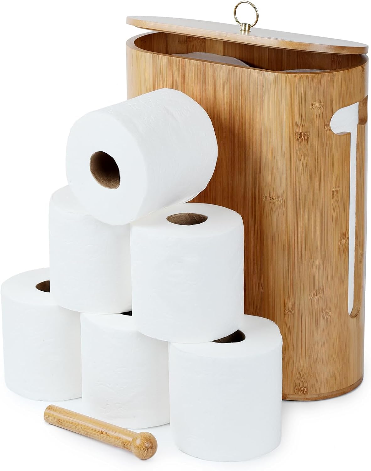 Gobam Bamboo Toilet Paper Storage with Dual-Use Lid, Freestanding Bathroom Tissue Organizer with Viewing Slot, Built-In Handle, Anti-Slip Base, Compact Toilet Paper Holder Stand for up to 6 Mega Rolls
