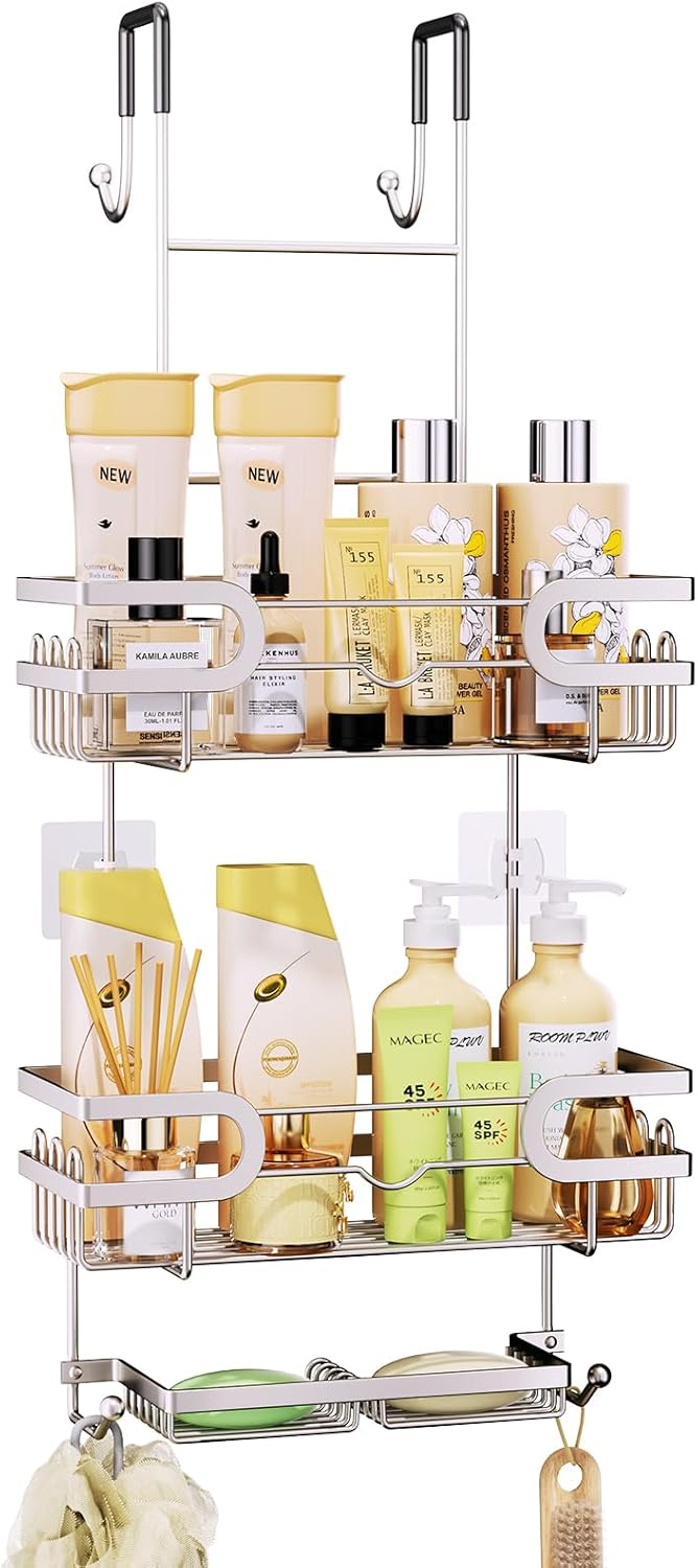 SWTYMIKI Over The Door Shower Caddy - Stainless Steel Hanging Shower Organizer With Soap Holder & 16 Hooks No Drilling Hanging Caddy Over Door To Organize Bathroom Essentials, Sand Nickel