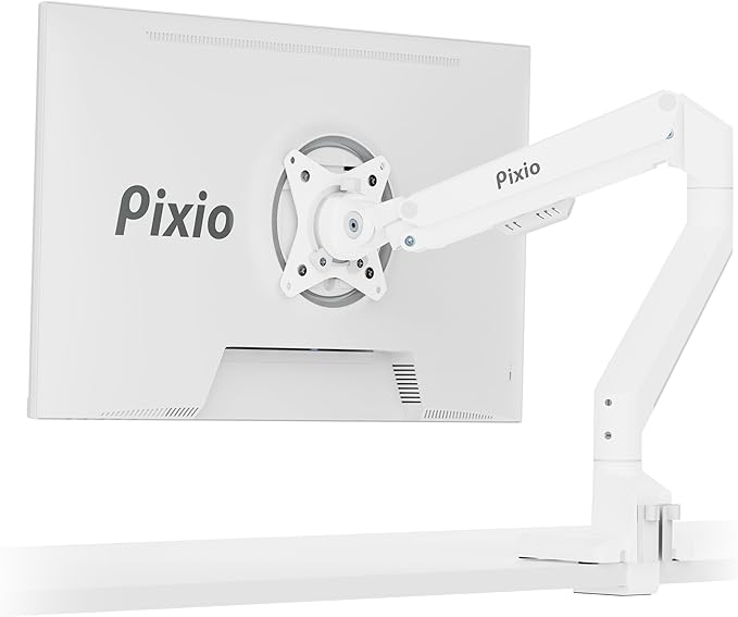 Pixio PS1S Wave White Single Monitor Arm Stand Desk Mount - Fits up to 32 inches Monitors and up to 19.8lbs. VESA Compatibility and Integrated Cable Management