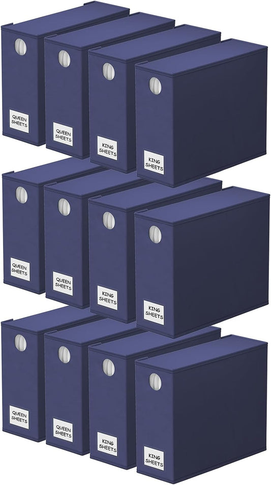 SpaceAid 12 Pack Bed Sheet Organizers and Storage, Foldable Linen Closet Organizer, Set Folder Keeper With Window XL (Queen & King Size) Bedding Container (Navy Blue)