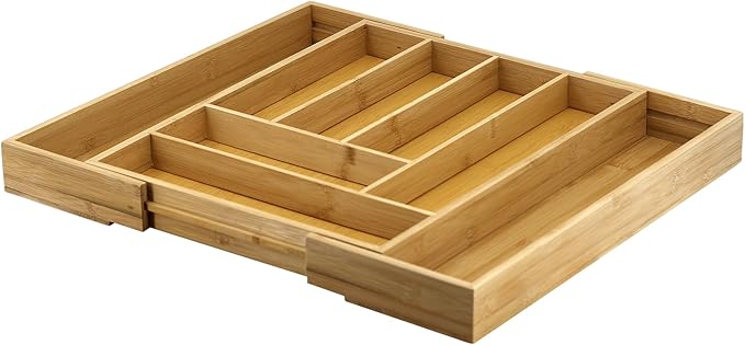 Emeril Lagasse Expandable Bamboo Drawer Organizer – Adjustable 6-8 Compartments, Kitchen Drawer Organizer for Utensils, Silverware & More – Durable Bamboo, 12.9” to 19.7” Expandable Design
