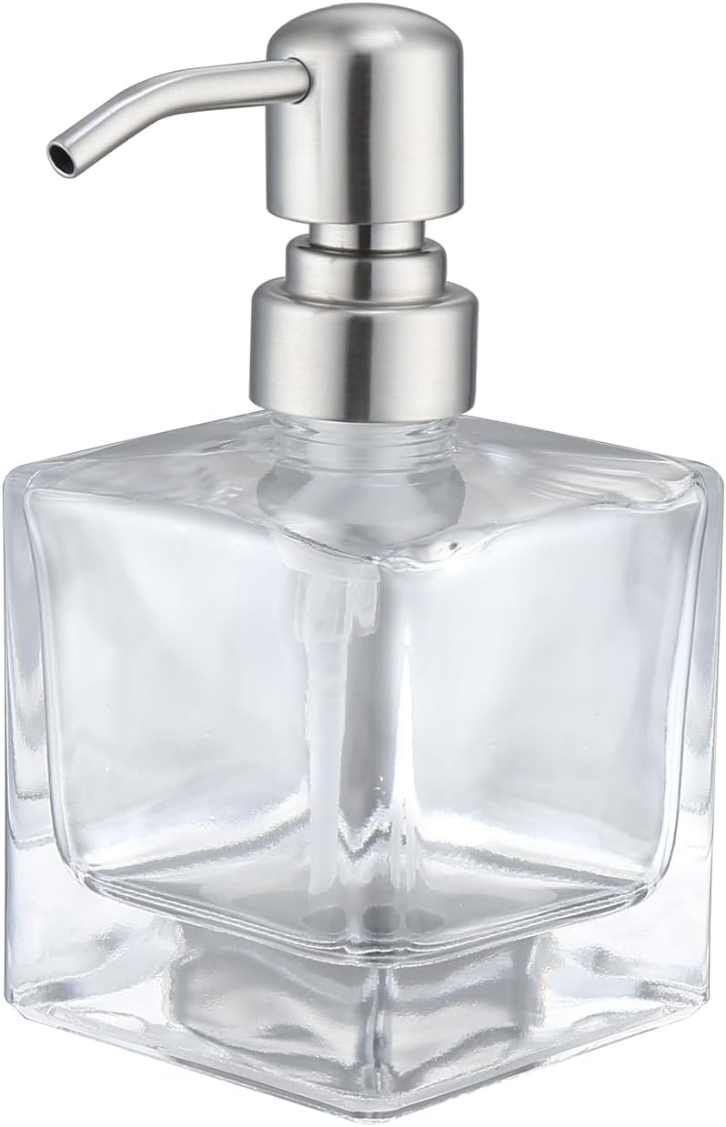 Square Bathroom Soap Dispenser Brushed Nickel, Glass Bottles with Stainless Steel Pump Cube Liquid Soap Dispenser Hand Kitchen