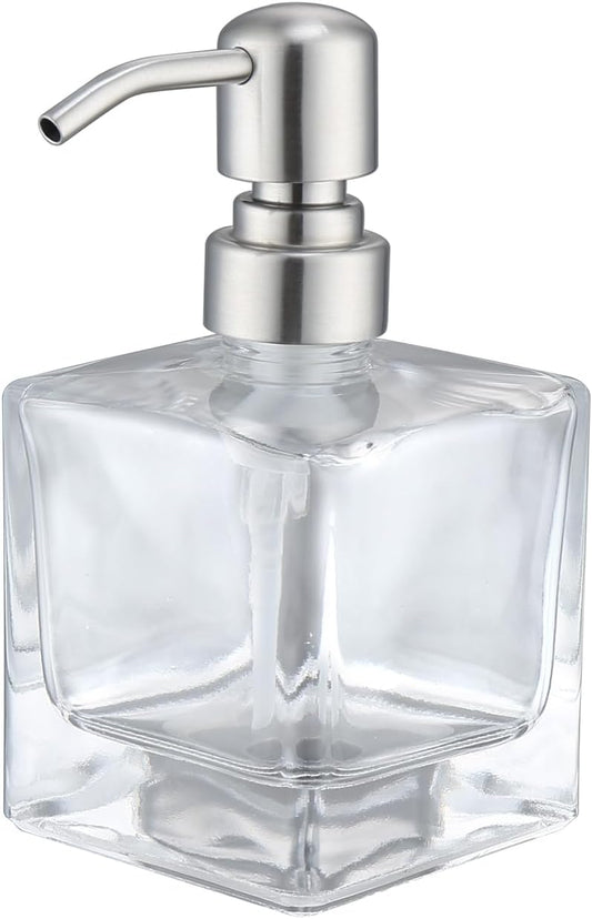 Square Bathroom Soap Dispenser Brushed Nickel, Glass Bottles with Stainless Steel Pump Cube Liquid Soap Dispenser Hand Kitchen