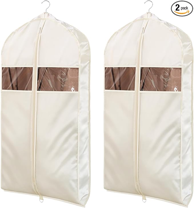 Univivi Super Soft Satin Garment Bags for Hanging Clothes, 43 Inch Zippered Suit Cover with Gussets, Breathable & Non-smell for Suits, Coats, Jackets, Shirts, 2 Pack - Apricot