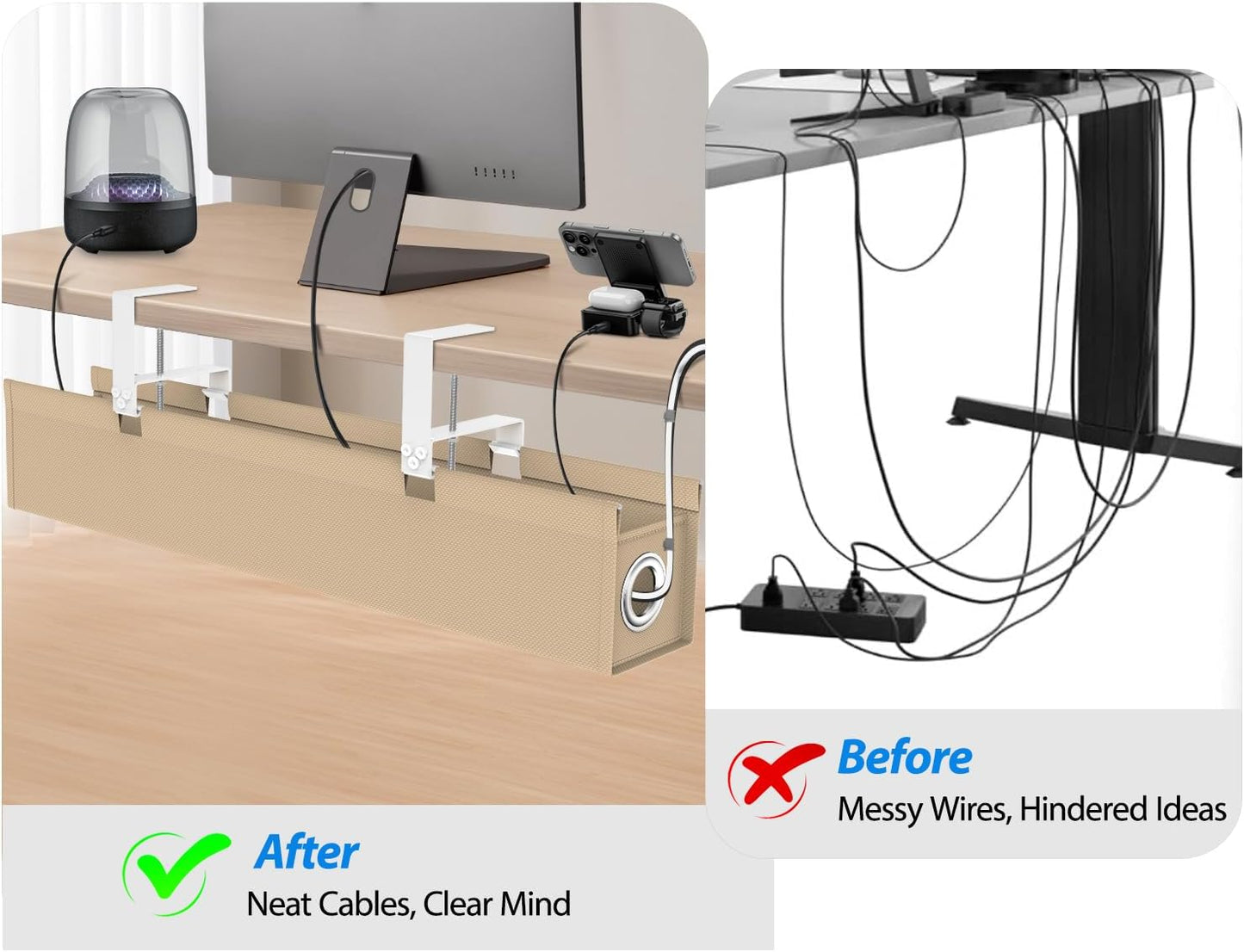 Under Desk Cable Management Tray, 30" Cord Organizer for Table with Oxford Fabric, 60LBS Capacity, No Drill Installation, Cable Management Fits Most Desks, Gaming Setup & Home Office