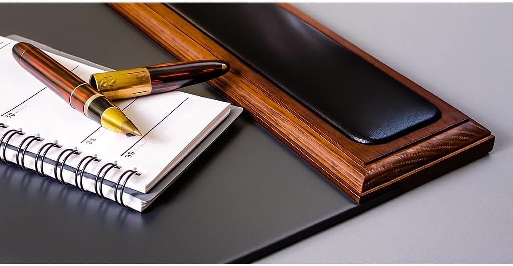 Walnut & Black Leather 34" x 20" Side-Rail Desk Pad