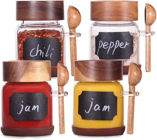 SAIOOL High Bprosilicate Glass 4 Pack Spice Jars with Label and Spoons,Overnight Oats Containers with Acacia Airtight Lids,Glass Food Storage Jars, Coffee Bar (Acacia 5.9 OZ*4)