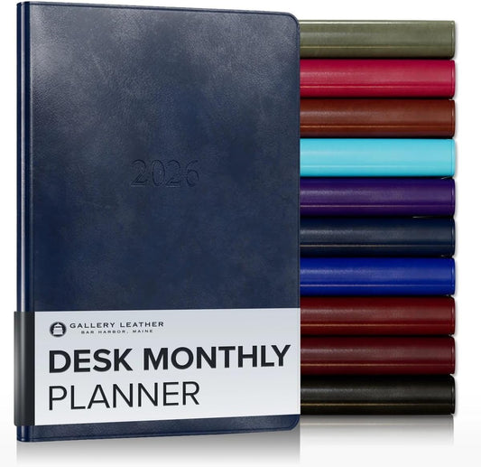Gallery Leather Desk Monthly Planner 2025-2026, Elegantly Bound Calendar Planner and Notebook with Stylish Gold-Gilded Page Edges, 18 Months - Acadia Navy - 8x5.5”