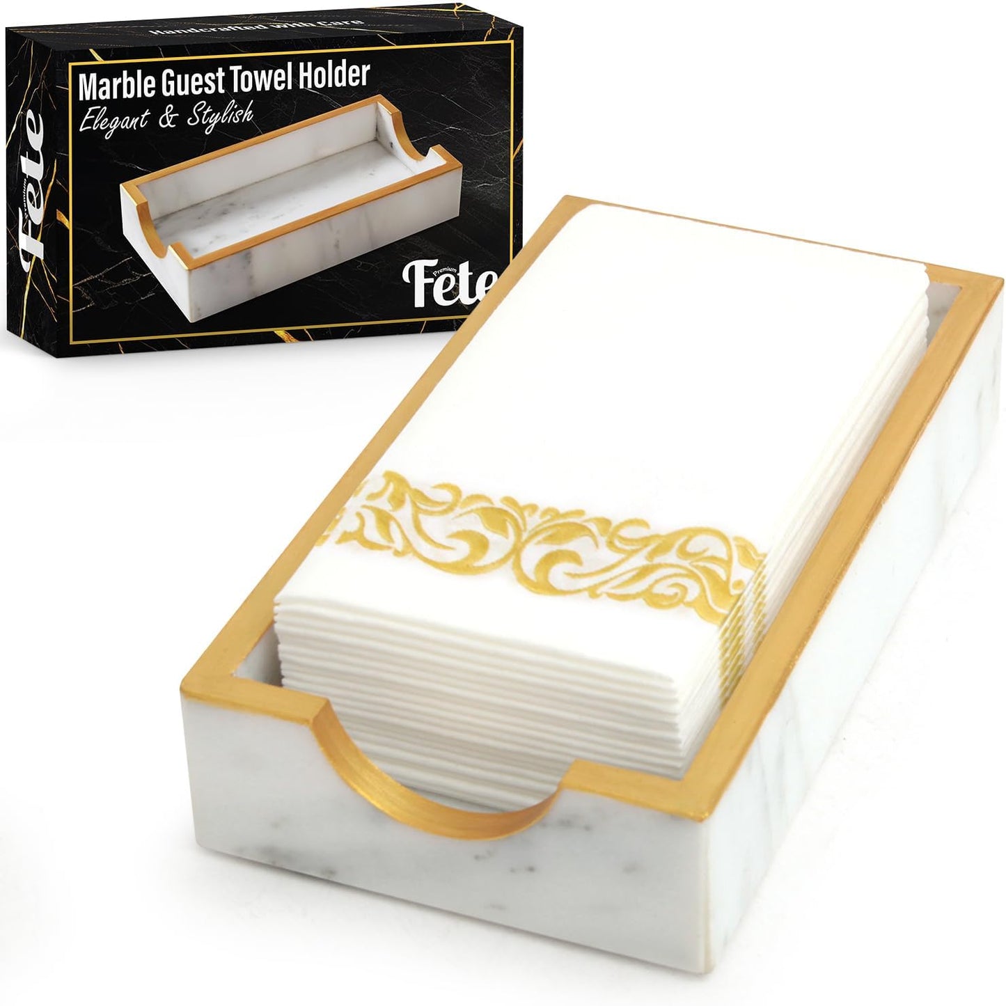 Fete Marble Tray for Bathroom - Guest Towel Holder Tray - 4 x 10 - White Marble