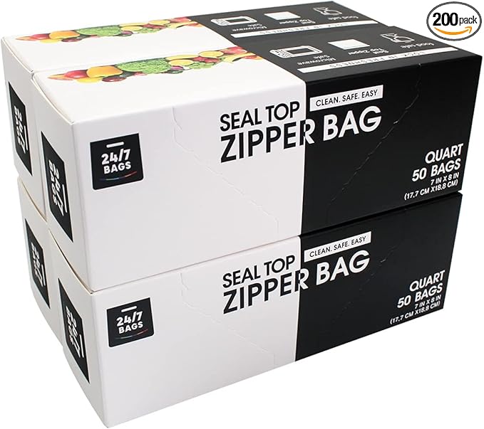 24/7 Bags- Quart Zip Storage Bags, 200 Count, Double Zipper Seal, Easy Grip Open Tabs, Write-On Space, BPA-Free & Heavy Duty, Microwave Safe, Non-StandUp