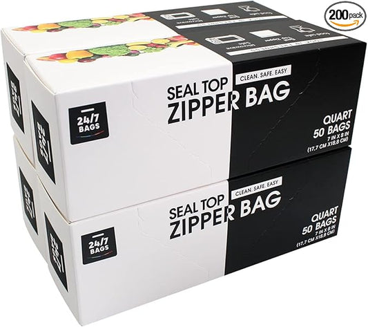 24/7 Bags- Quart Zip Storage Bags, 200 Count, Double Zipper Seal, Easy Grip Open Tabs, Write-On Space, BPA-Free & Heavy Duty, Microwave Safe, Non-StandUp