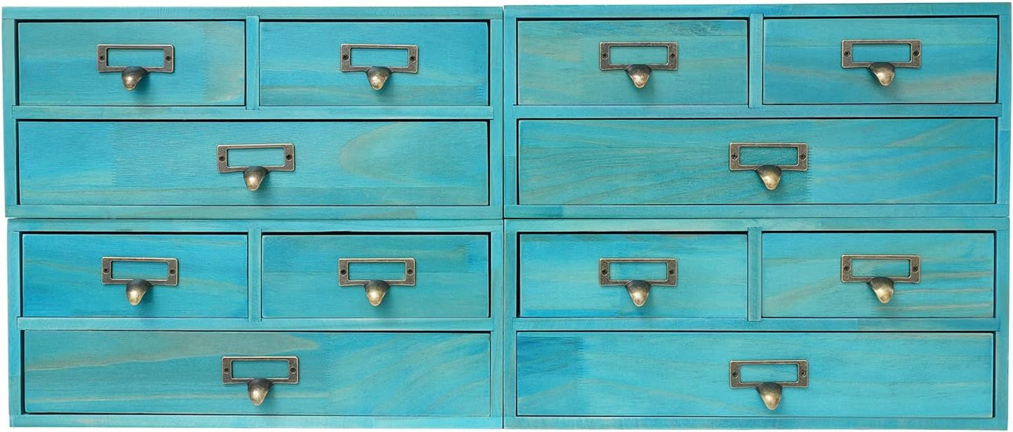 4-Piece Desktop Organizer Set with 3 Drawers, Wood & Metal Drawer Storage, Wooden Desktop Organizer for Store Cosmetics, Jewelry, Letters, Papers, Tea Bags, Sugar Packets (Blue)