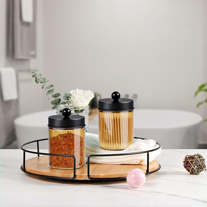 Amolliar Bronze Glass Apothecary Jar, Qtip Holder Metal Lid & Stickers, Bathroom Qtip Dispenser Storage Canister, Perfect for Cotton Balls, Cotton Swabs, Makeup Pads, Bath Salt, Floss, 4 Pack (Black)