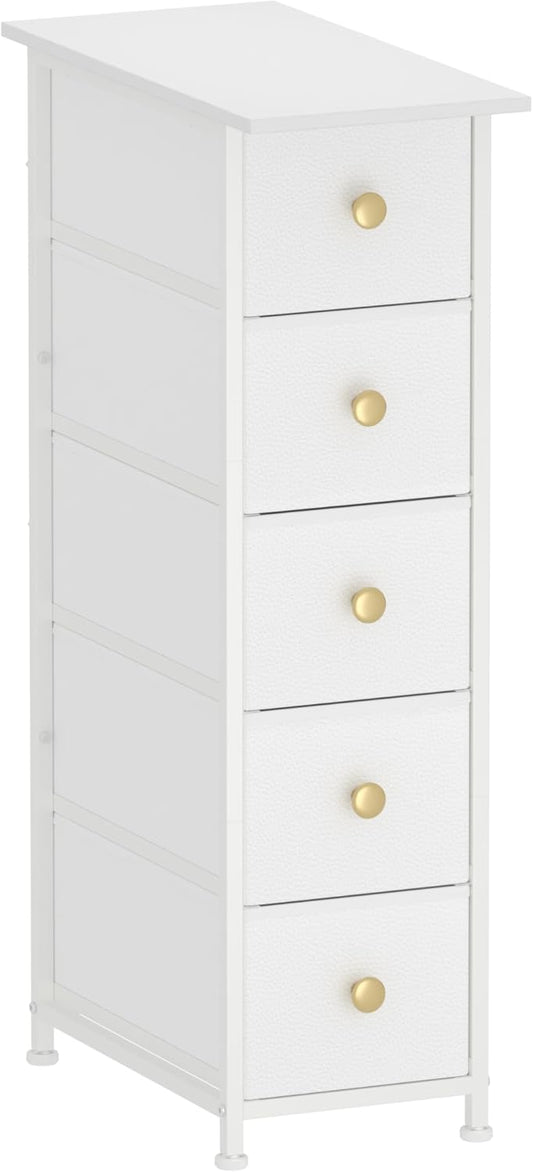 GiftGo Narrow Dresser Cabinet Vertical Slim Dresser Chest of Drawers Skinny Storage Tower for Small Spaces Gaps Closet Bedroom Bathroom Small Fabric Drawer Unit (White, 5 Drawers)