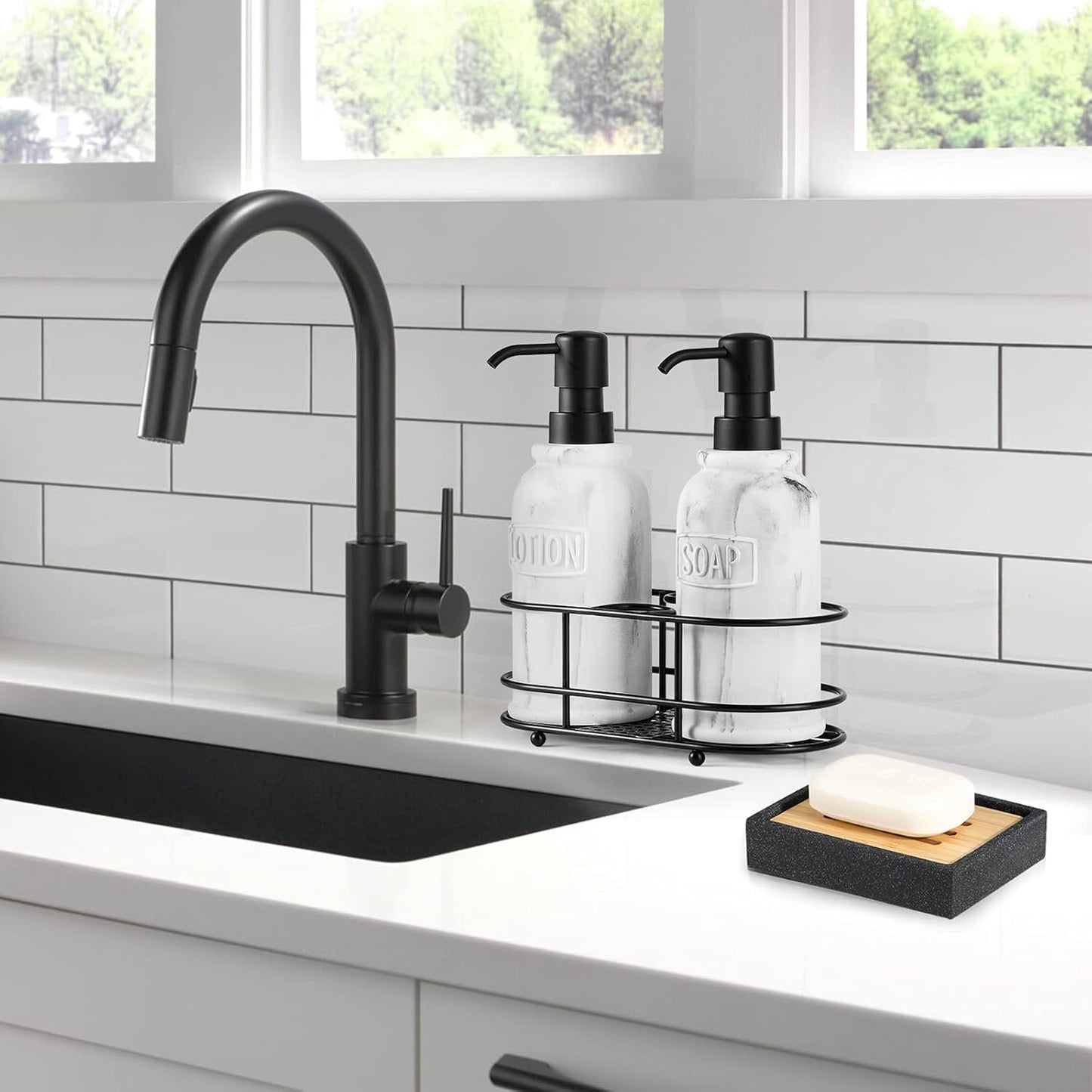 Luxspire Bamboo Soap Dish, Resin Soap Holder with Drainage, Wooden Soap Dish for Shower, Bathroom, Sink, Kitchen and Countertop, Gravel Black