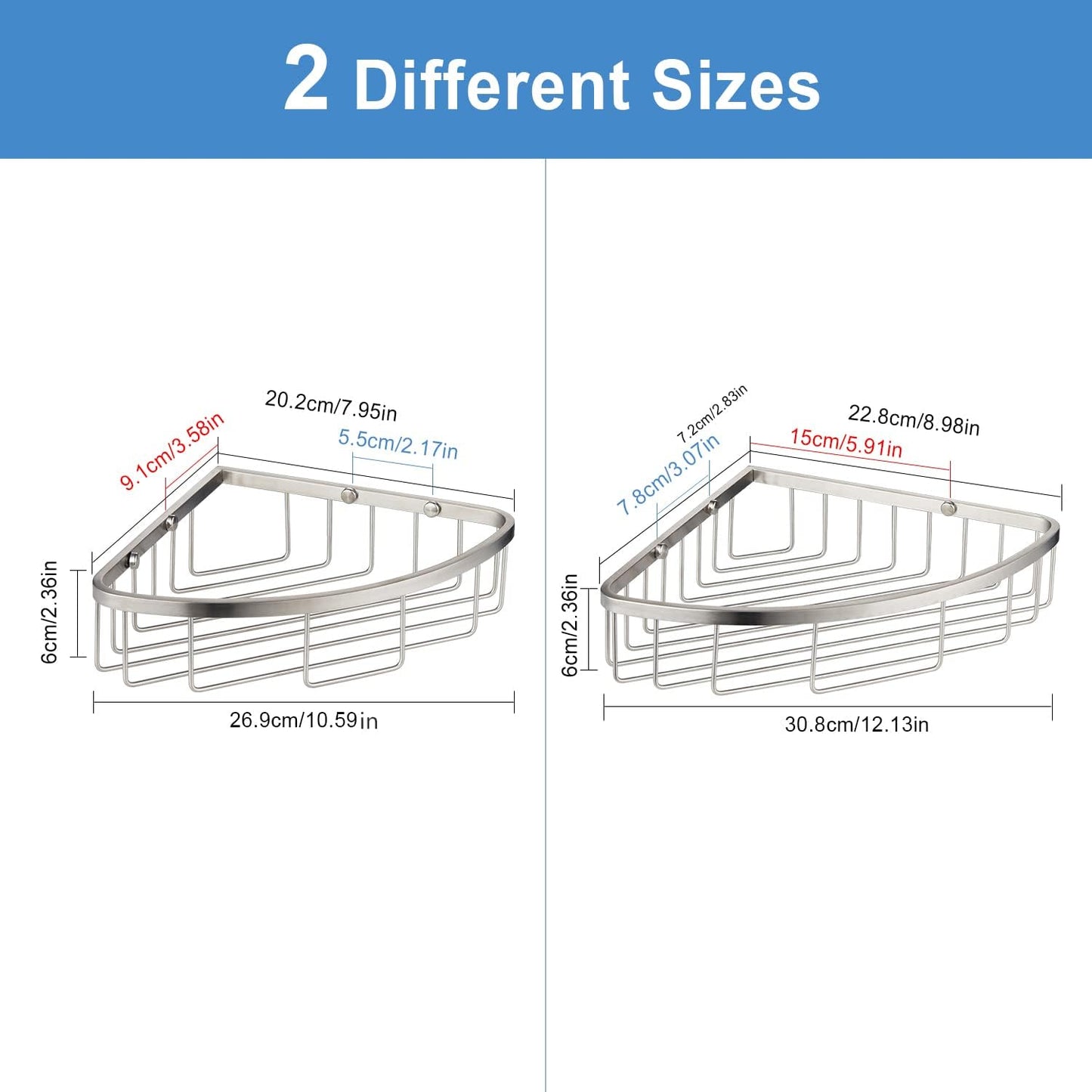 Corner Shower Caddy Organizer, SUS304 Stainless Steel Heavy Duty Rust-Proof Shelf Shampoo Holder, Wall Mounted Storage Rack for Bathroom Kitchen, 2 Packs Brushed Nickel