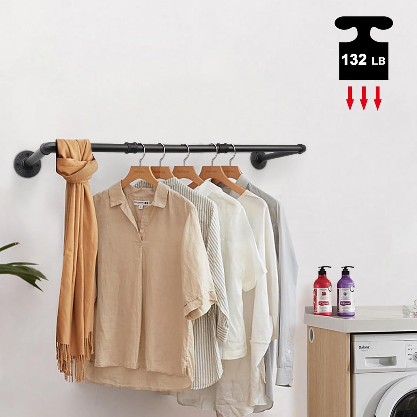 Livabber Industrial Pipe Clothes Rack, Heavy Duty Detachable Iron Garment Rack Wall Mounted, Rustic Saving Space Clothes Bar Multi-Purpose Hanging Rod for Bedroom, Closet, Black (36 Inch)