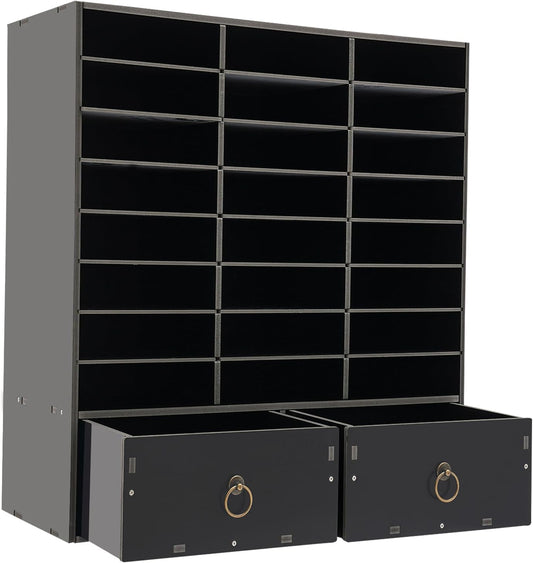 Literature Organizers, Mail Sorter Organizer Adjustable Shelves and 2 Drawers Desktop File Sorter Paper Organizer for Home School Office (Black, 24 Slots with 2 Drawers)