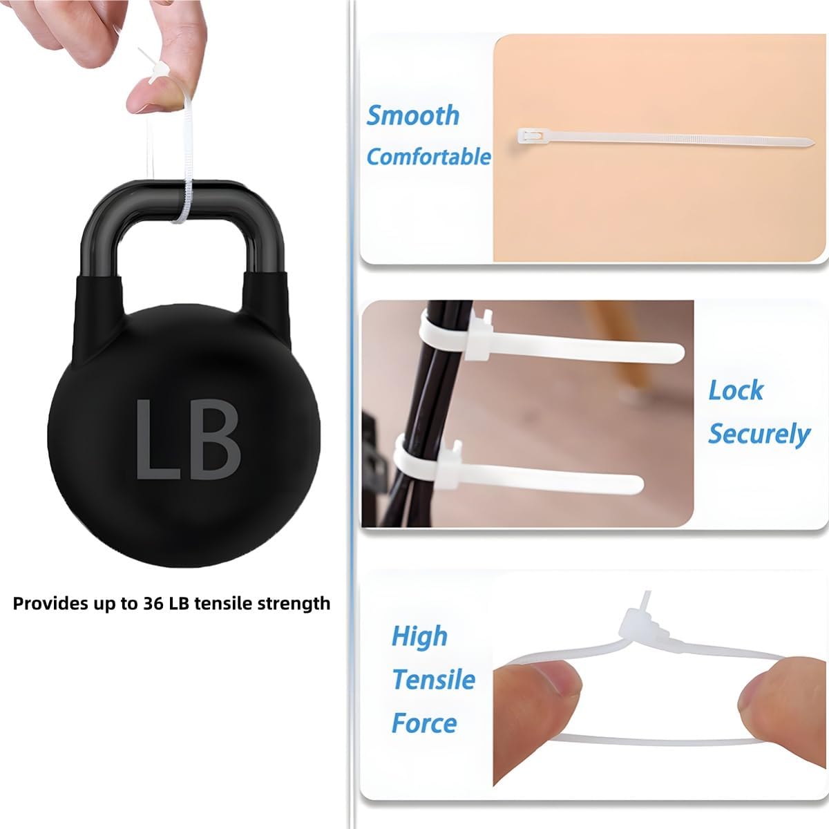 100 PCS 8 Inch Reusable Zip Ties White – Adjustable Cable Tie, 36 LBS Strength for Home, Car, Office & Wire Management (Self-Locking, Indoor/Outdoor Use)