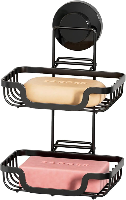 TAILI Double Layer Soap Holder, Drill-Free Bar Soap Dish Tray Suction Cup, Draining for Shower Wall, Bath Storage, Rustproof Stainless Steel Sponge Holder for Tub, Kitchen, Black