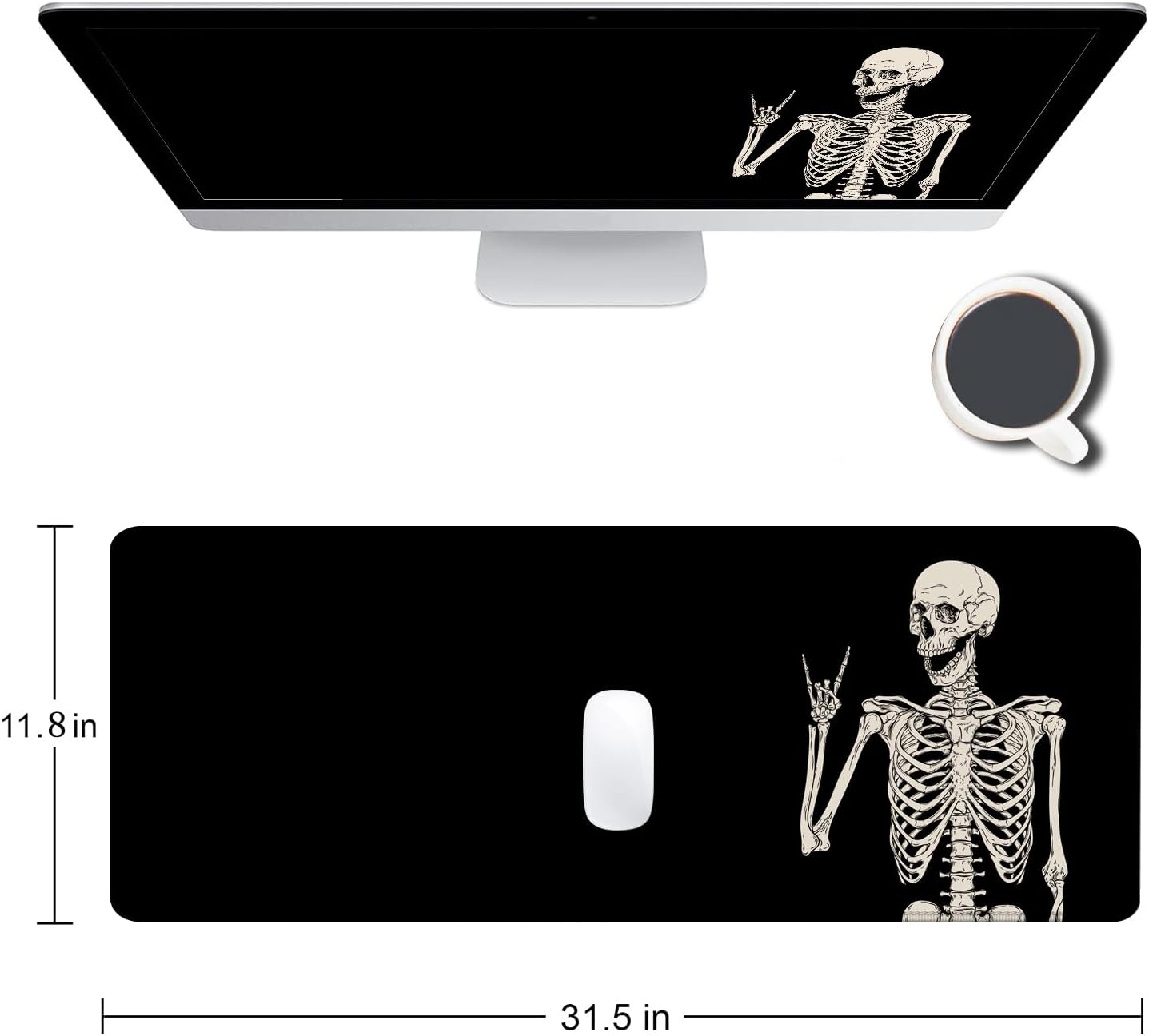 Gaming Mouse Pad, Large Mouse Pads for Desk, Non-Slip Rubber Base Mousepad, Keyboard Mouse Mat, Desk Pad with Stitched Edges, 31.5x11.8 inch Black Human Skeleton
