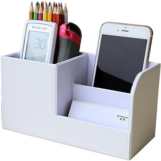 KINGFOM Desk Organizer Office Supplies Caddy Pu Leather Multi-function Storage Box Pen/Pencil,Cell phone, Business Name Cards Remote Control Holder White