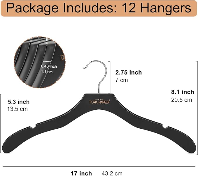 TOPIA HANGER Wooden Coat Hangers 12 Pack, Premium Wood Suit Sweater No Shoulder Bump Hangers, 360° Swivel Hook and Cut Notches Clothes Hangers for Sweater, Hoodie, Shirts, Jackets, Dress, Black CT84B