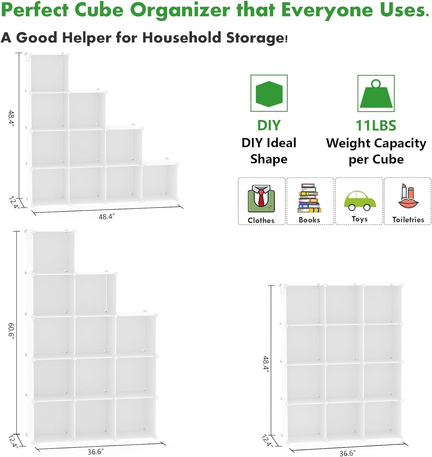 C&AHOME Cube Storage Organizer, 12-Cube Shelves Units, Closet Cabinet, DIY Plastic Modular Book Shelf, Ideal for Bedroom, Living Room, Office, 36.6" L x 12.4" W x 48.4" H Milky UPCS12M