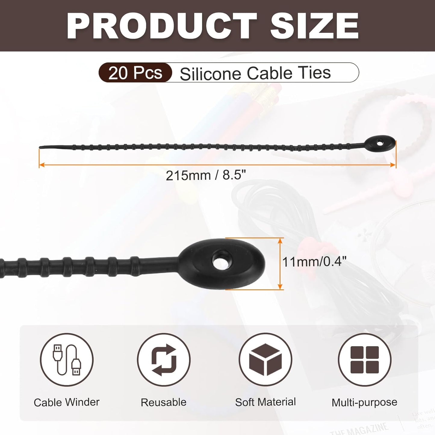 uxcell 20 Pcs Silicone Ties Bag Clip, 8.5 Inch Multi Purpose Silicone Zip Ties Reusable Rubber Zip Tie, Cable Strap Cord Organizer for Home Office Food Bag Wires Cables, Black