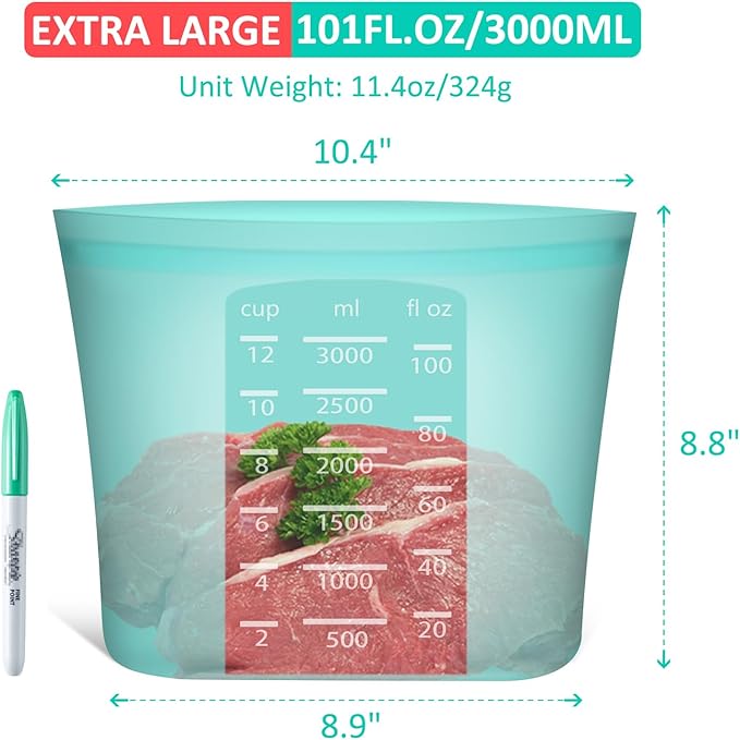 Reusable Food Storage Bags Extra Large, 0.8 Gallon/101 fl.oz/3000 ml, 4 Pack 100% Silicone Food Storage Bags Stand-Up Wide-Mouth Zip-Lock for Large Items, Freezer Microwave Oven Dishwasher Safe, Aqua