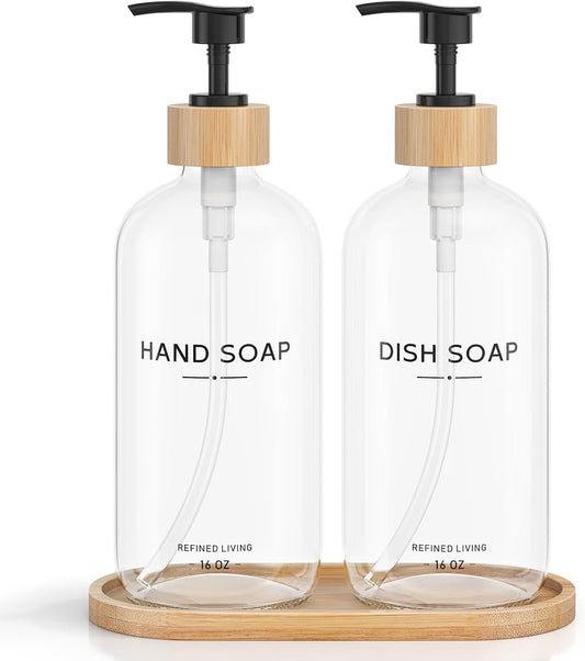 Hand and Dish Soap Dispenser Set,16oz Glass Bottles with Printed Labels, Bamboo Tray & Pump,Countertop Soap Dispensers for Kitchen,Luxury, Minimalist & Farmhouse Decor (Hand Dish (Transparent))