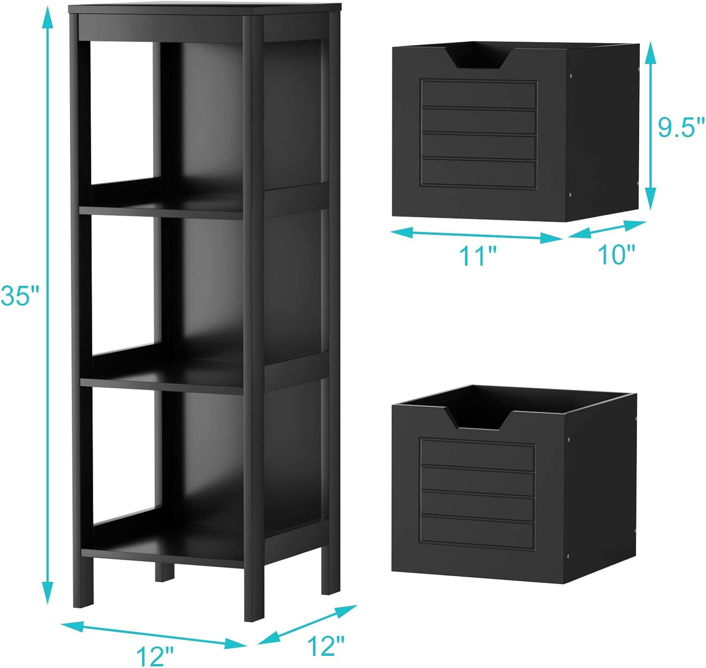 Tangkula Bathroom Floor Cabinet, Narrow Wood Storage Tower w/2 Switchable Drawers, Multifunctional Side Storage for Bathroom, Freestanding Small Cabinet for Small Spaces, 12 x 12 35 Inch (Black)