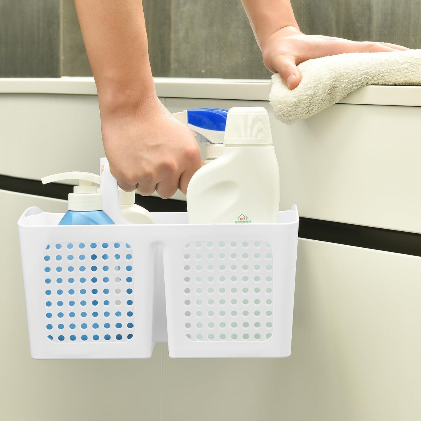 Portable Shower Caddy Basket with Compartments, Plastic Divided Cleaning Caddy Organizer Storage Tote with Handle for Bathroom, College, Dorm Room Essentials, White