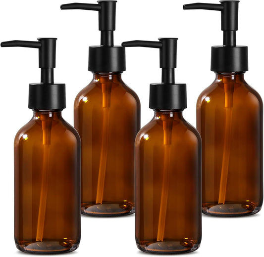 8 fl oz Amber Glass Soap Dispenser 4 Pack, Brown Glass Bottle with Pump, Refillable Round Hand Soap Dispensers Bathroom for Soap, Lotion, Oil, Shampoo