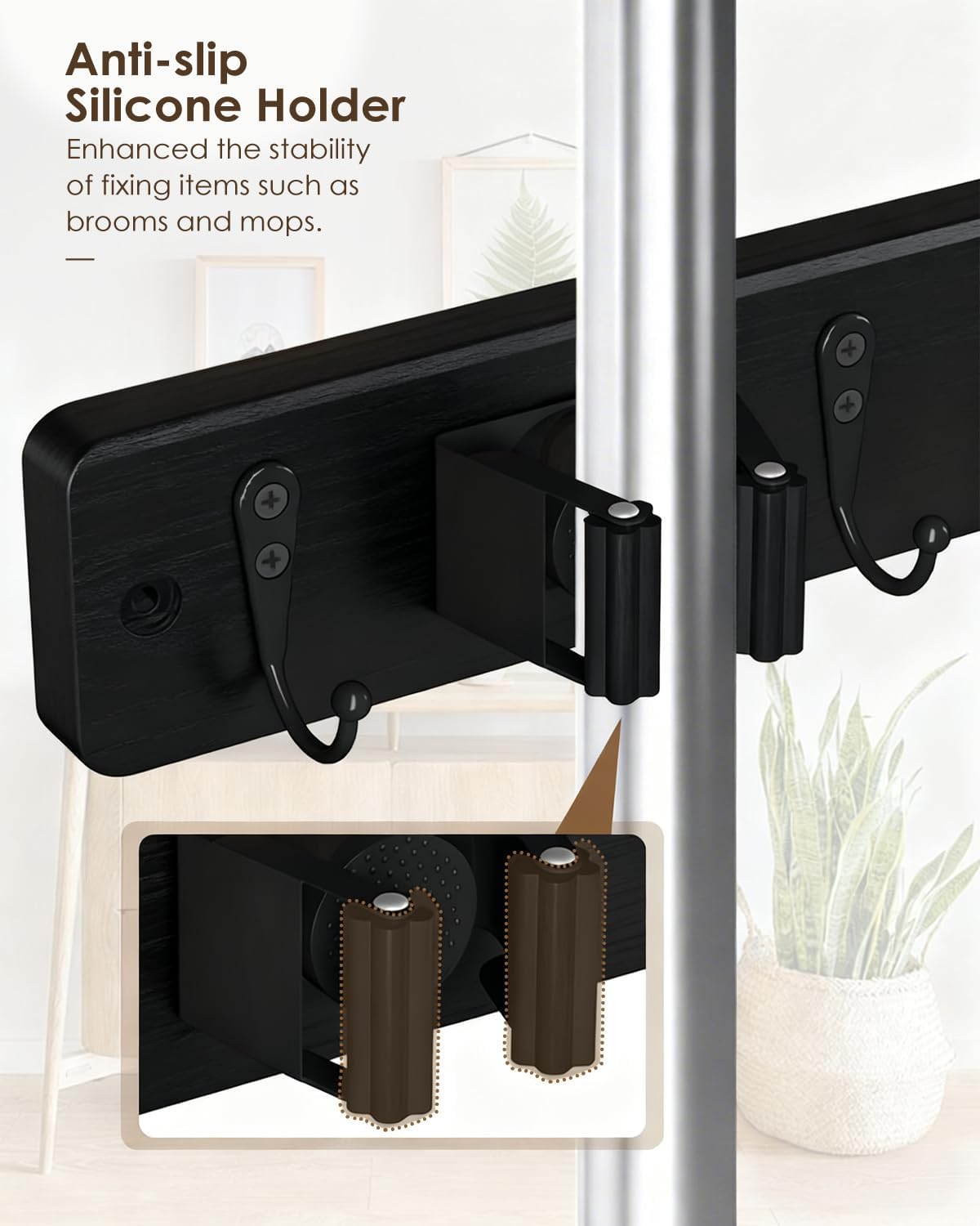 AceMining Broom Holder Wall Mounted, Black 4 Holders and 4 Hooks Mop Holder, Wooden Mop and Broom Holder with Anti slip rubber, Natural pine wood Brush Holder, Mop Wall Holde with Nail installation