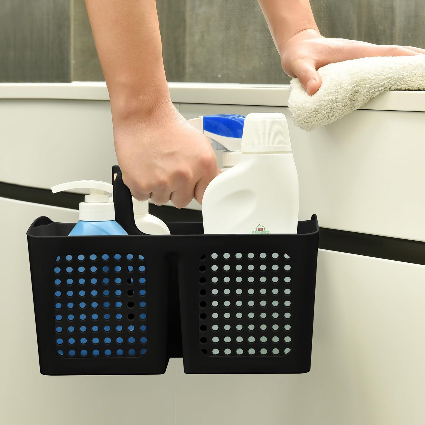 Portable Shower Caddy Basket with Compartments, Plastic Divided Cleaning Caddy Organizer Storage Tote with Handle for Bathroom, College, Dorm Room Essentials, Black