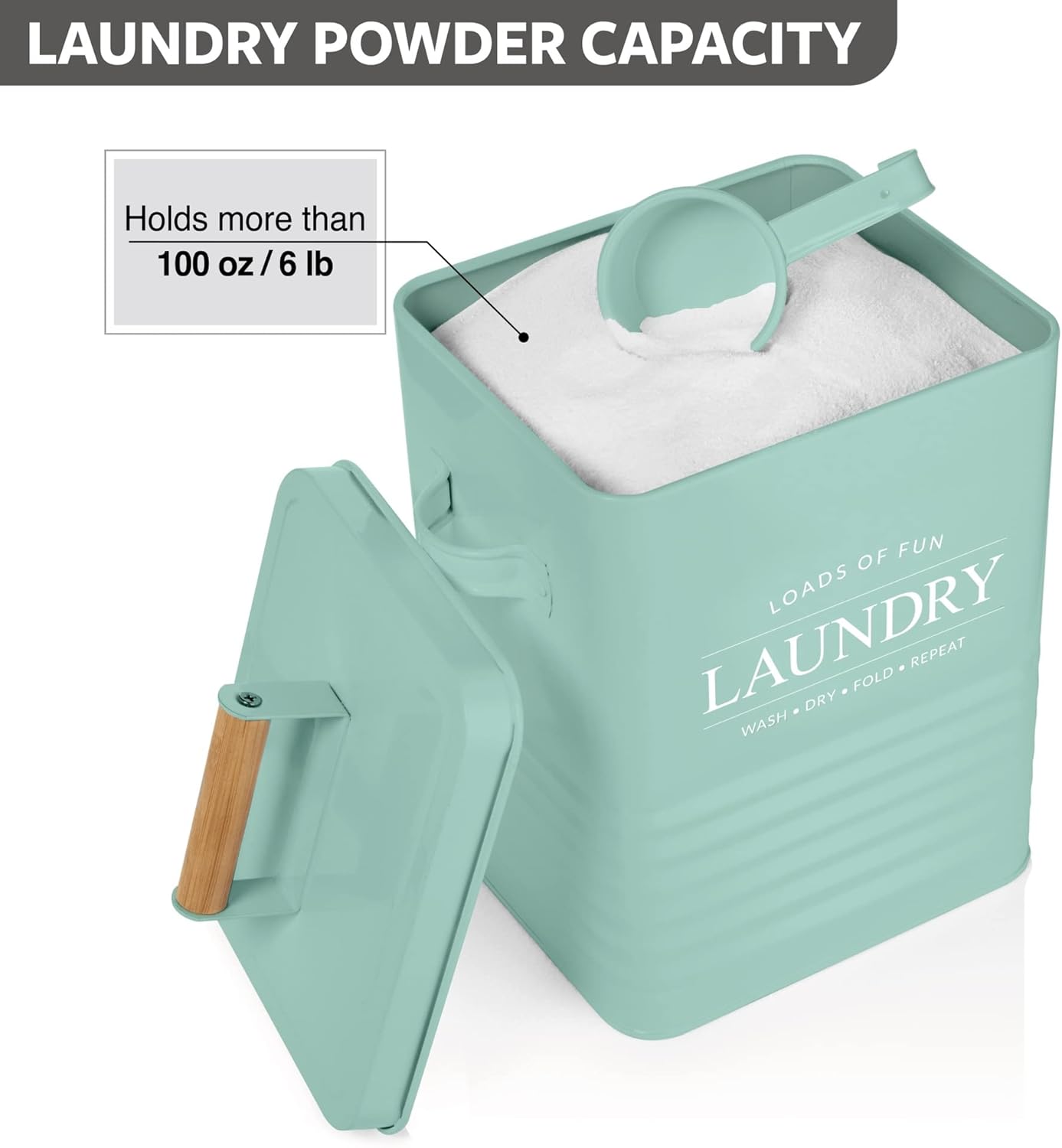 Calindiana Modern Farmhouse Metal Soap Dispenser with Scoop for Laundry Room Decor and Organization, Mint