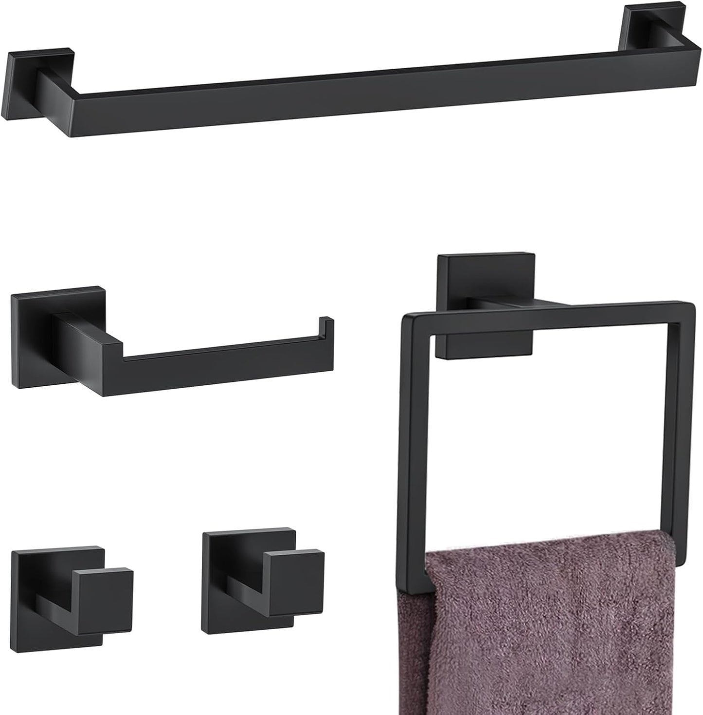 5 Pieces Towel Bar Set Matte Black Bathroom Hardware Accessories Set Include Towel Rack TP Holder Towel Ring Coat Hooks Stainless Steel Wall Mounted Towel Holder Set for Bathroom,23.6 in